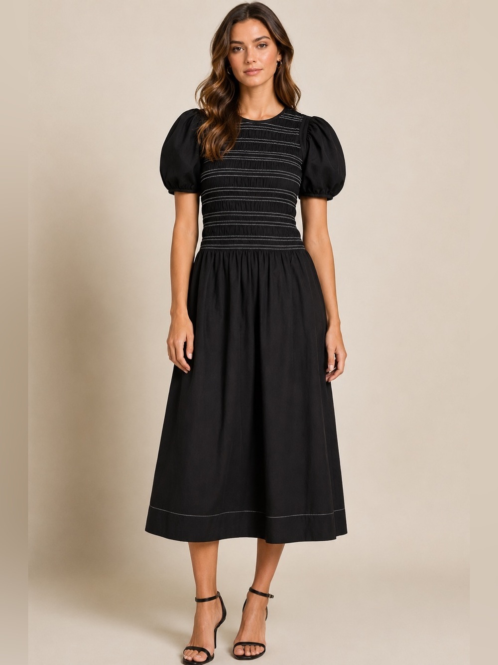 GANNI Black Smocked Puff Sleeve Midi Dress Size Large Made in India